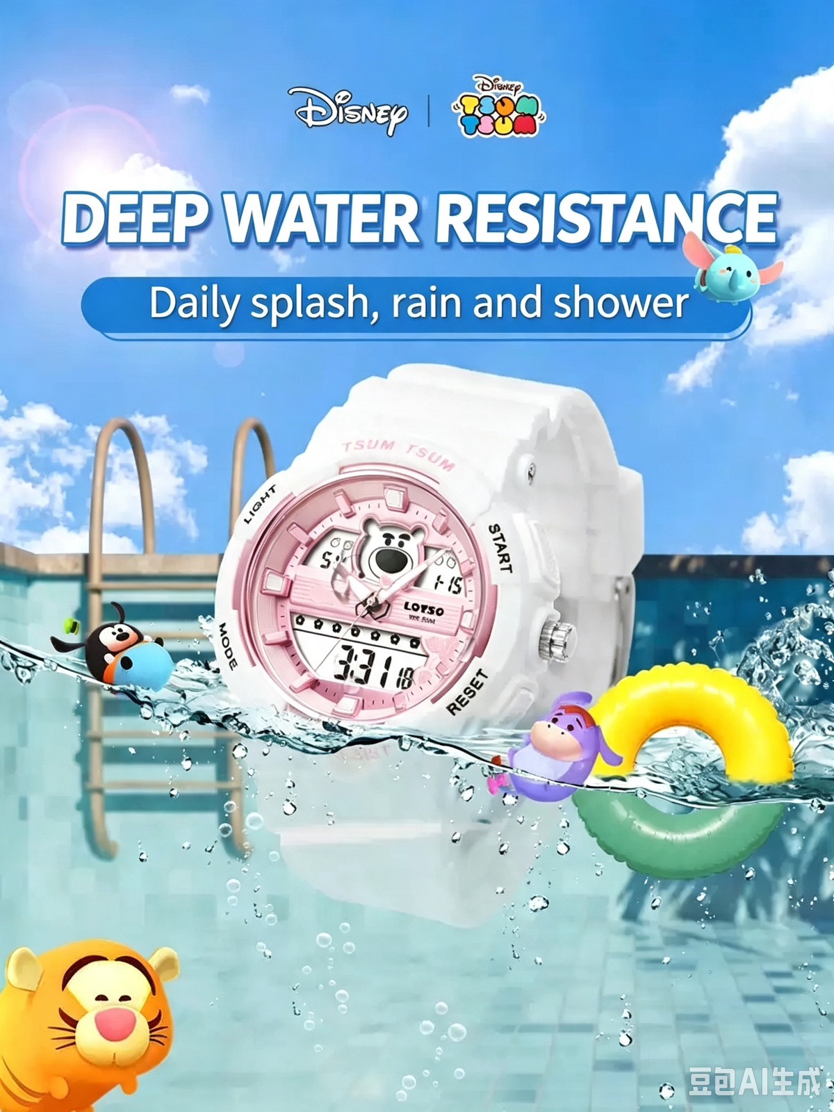 Disney Lotso TSUM TSUM Sports Watch, 50M Waterproof Shock Resistant Analog‑Digital Wrist Watch with Alarm Stopwatch Backlight Calendar, Student Teen Girls Gift Watch