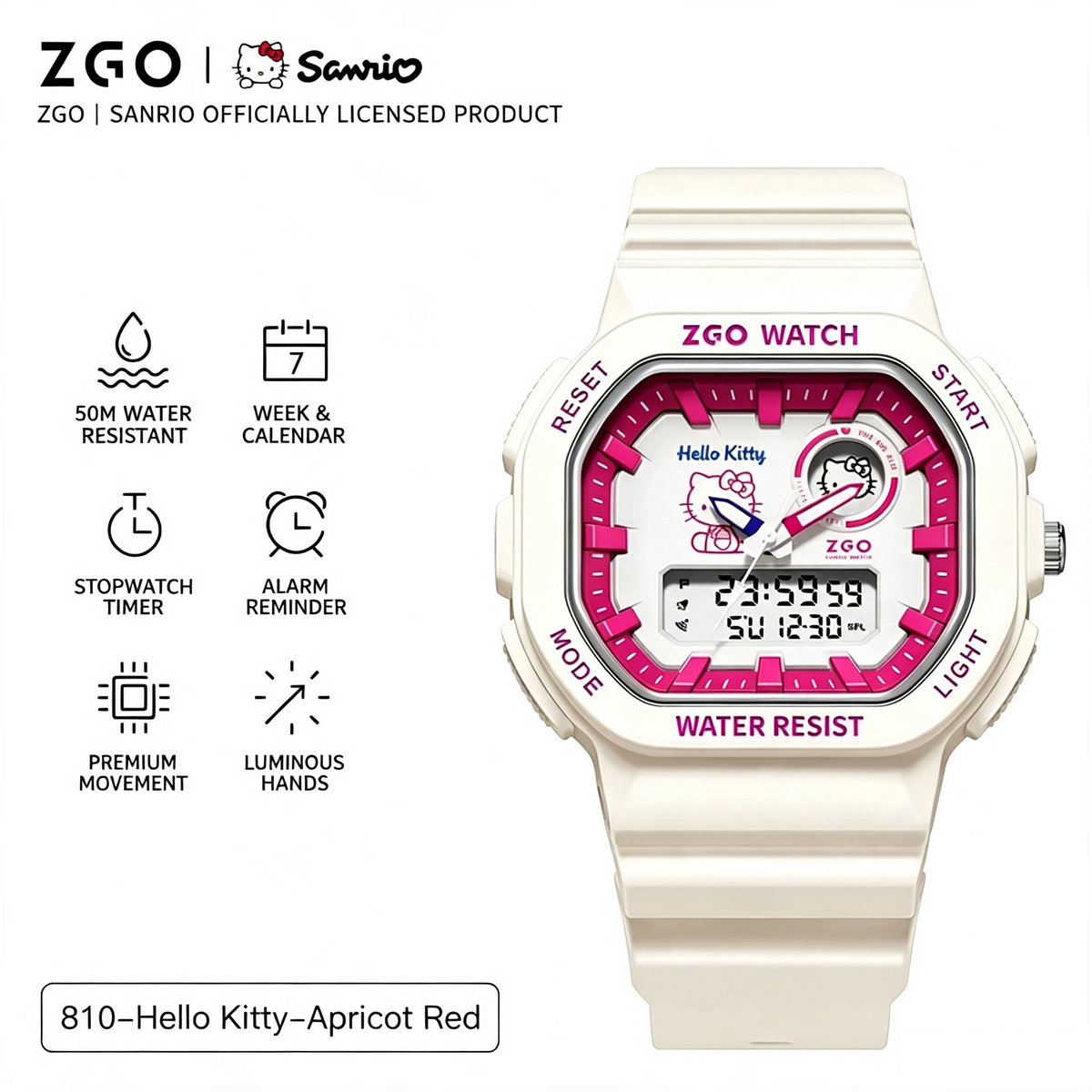 ZGO x Sanrio Hello Kitty Officially Licensed Dual‑Display Watch, 50M Waterproof Luminous Hands Student Wrist Watch for Girls